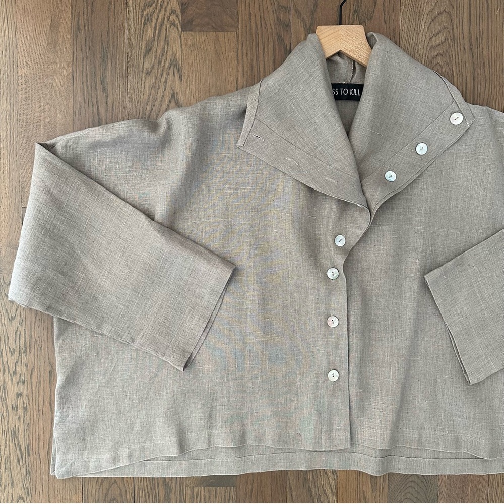 Dress to Kill Asymmetrical Linen Long Sleeve Button Blouse Tan Brown Medium - Picture 4 of 8